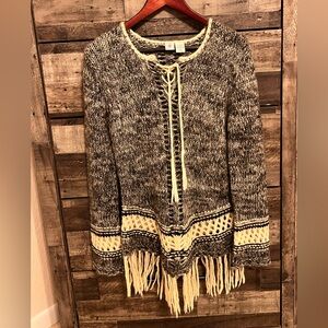 Like,Love Women's Charcoal- Cream V Neck Fringed Sweater- Size Medium